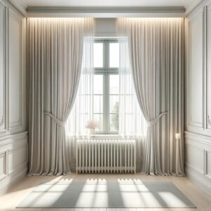 Elegant Room With Tall Windows, Light Curtains, A Radiator, And A Small Vase On A Side Table. Soft Sunlight Streams Through The Window, Creating Patterns On The Floor.